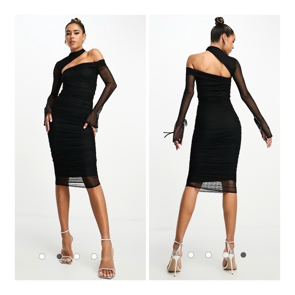 NEW ASOS DESIGN US 8 Black‎ Asymmetric One Sleeve Mesh Ruched Midi Dress